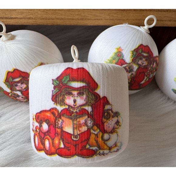 Set Of 8 Vintage White Satin Ball Ornaments - Children & Dogs - Pyramid - Picture 2 of 8